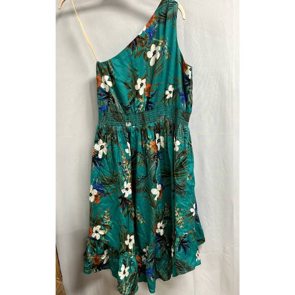 SLATE & WILLOW Floral Smocked Waist Hi Lo One Shoulder Dress Green Size 12 - Picture 2 of 6